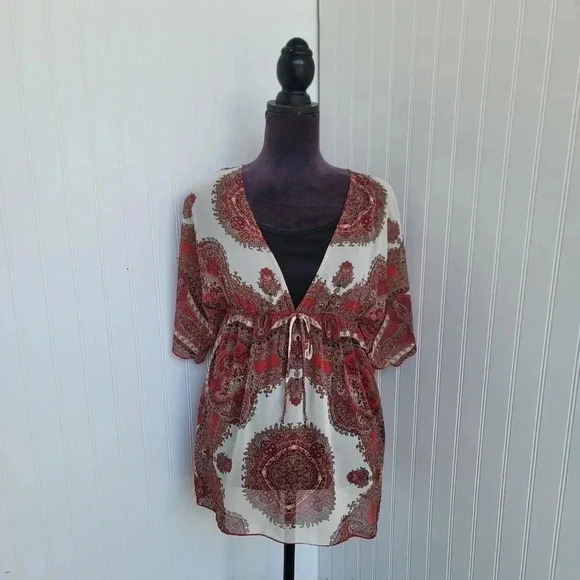 B Wear Women's Paisley Short Sleeve Sheer Blouse Red Ivory Black Tank Size M - Picture 1 of 15